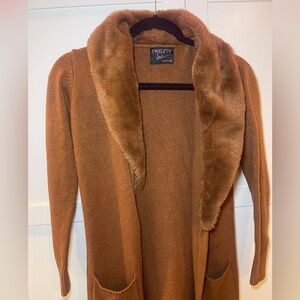 Women's Brown Faux Fur Collar Long Sweater
